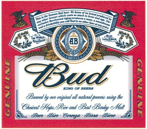 BUD АВ AB BUD KING OF BEERS GENUINE THE WORLD RENOWNED LAGER BEER CHOICEST HOPS RICE AND BEST BARLEY MATT OUR EXCLUSIVE BEECHWOOD AGINGAGING - товарный знак РФ 439216